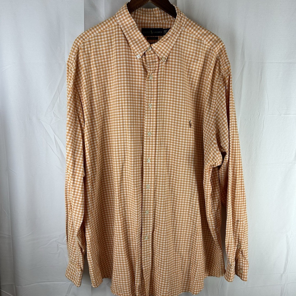 Ralph Lauren Shirt Mens Size 3XLT Long Sleeve Orange Gingham‎ Check Classic Fit